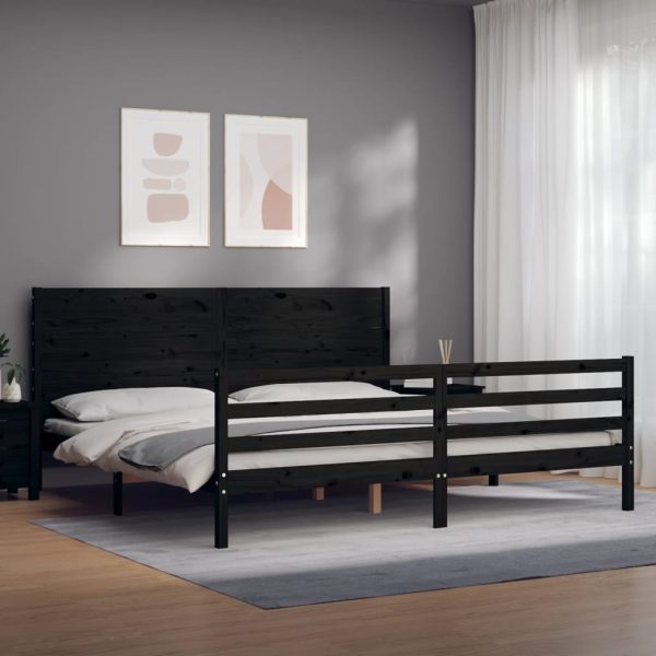 Cadru pat cu tăblie 200×200 cm, negru, lemn masiv