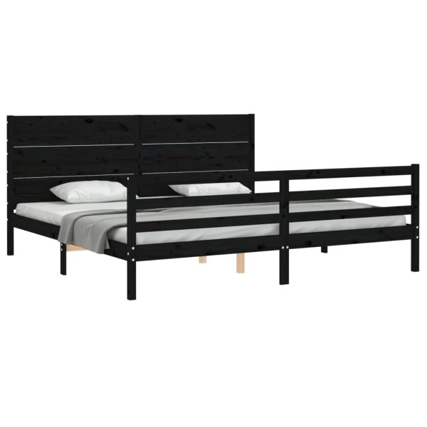 Cadru pat cu tăblie 200×200 cm, negru, lemn masiv