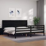Cadru pat cu tăblie 200×200 cm, negru, lemn masiv