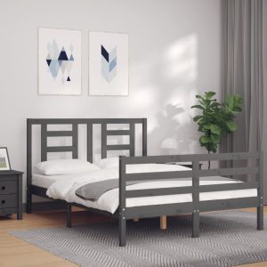 Cadru de pat cu tăblie, gri, 140×190 cm, lemn masiv