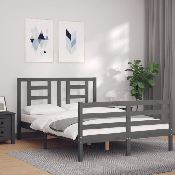 Cadru de pat cu tăblie, gri, 140×190 cm, lemn masiv