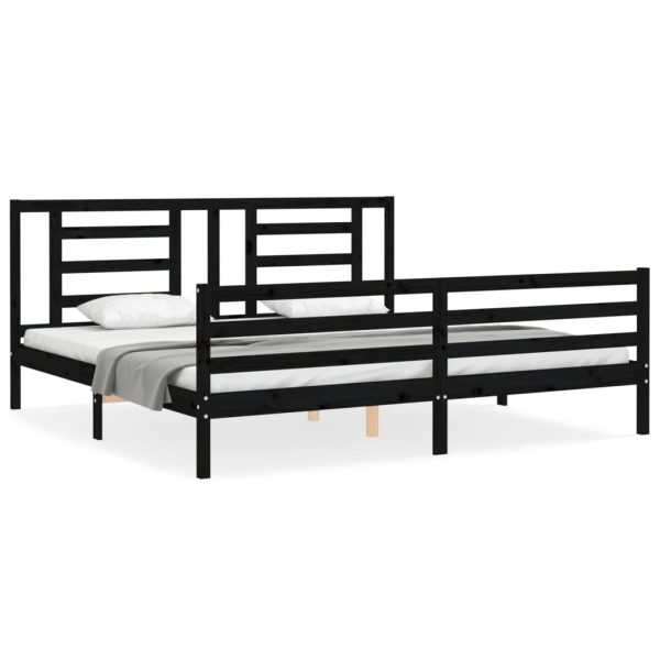 Cadru pat cu tăblie 200×200 cm, negru, lemn masiv