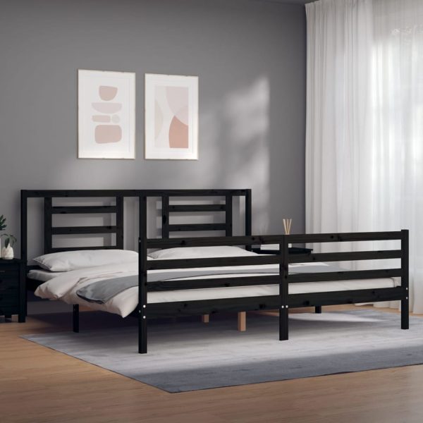 Cadru pat cu tăblie 200×200 cm, negru, lemn masiv