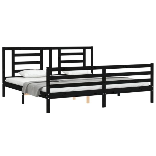 Cadru pat cu tăblie 200×200 cm, negru, lemn masiv