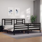 Cadru pat cu tăblie 200×200 cm, negru, lemn masiv