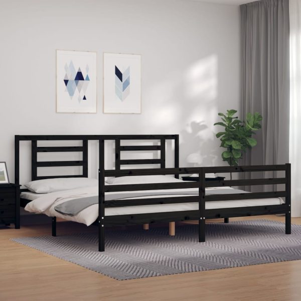 Cadru pat cu tăblie 200×200 cm, negru, lemn masiv