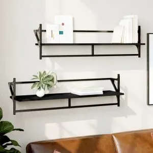 Rafturi de perete cu bare, 2 buc, negru, 100x25x30 cm