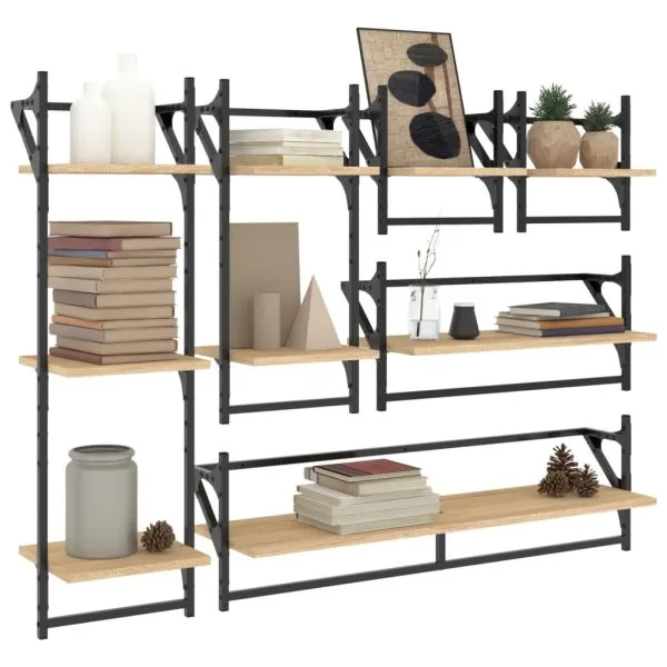Set rafturi perete cu bare, 6 buc. stejar sonoma lemn prelucrat