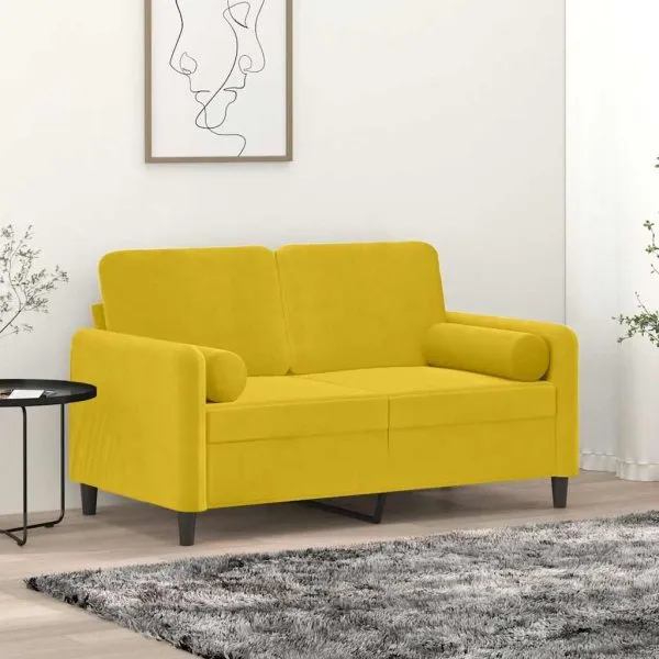 Canapea cu 2 locuri cu pernuțe, galben, 120 cm, catifea