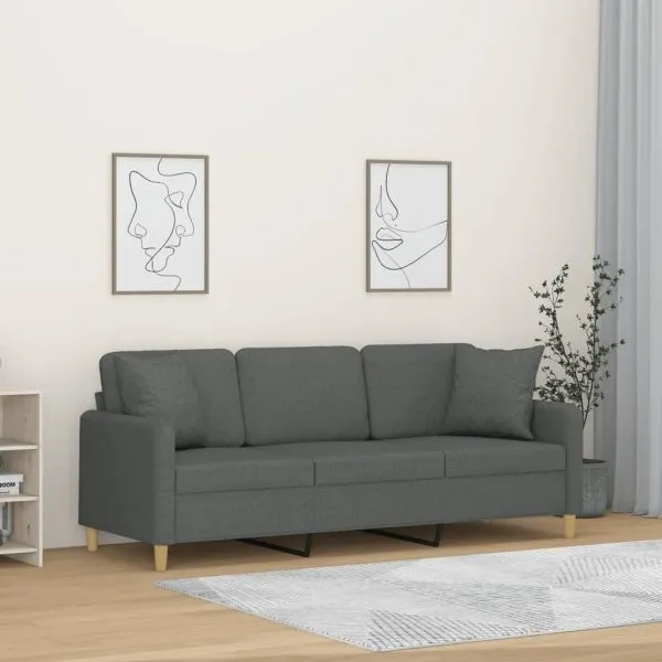 Canapea cu 3 locuri cu pernuțe, gri închis, 180 cm, textil