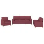 Set canapea cu perne, 3 piese, roșu vin, material textil