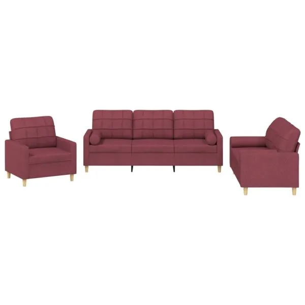 Set canapea cu perne, 3 piese, roșu vin, material textil