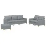 Set de canapele cu perne, 3 piese, gri deschis, textil