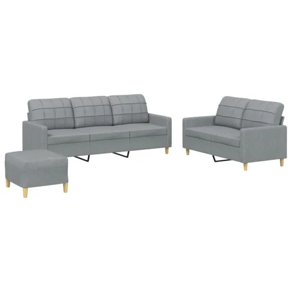 Set de canapele cu perne, 3 piese, gri deschis, textil