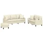 Set de canapele cu perne, 3 piese, crem, piele ecologică