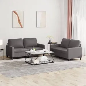 Set de canapele cu perne, 2 piese, gri, piele ecologică