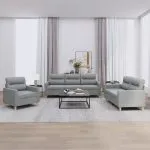 Set de canapele cu perne, 3 piese, gri deschis, textil