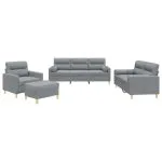 Set de canapele cu perne, 4 piese, gri deschis, material textil