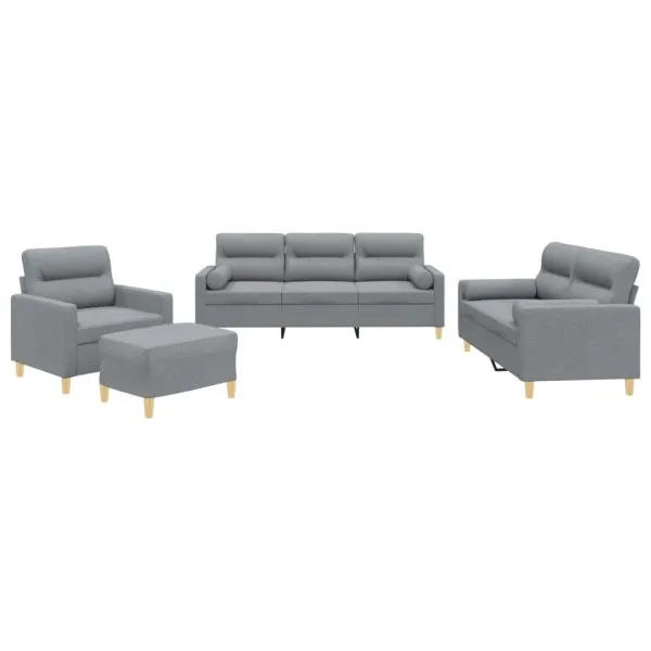 Set de canapele cu perne, 4 piese, gri deschis, material textil
