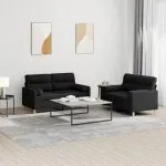 Set de canapele cu perne, 2 piese, negru, material textil