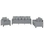Set de canapele cu perne, 3 piese, gri deschis, textil