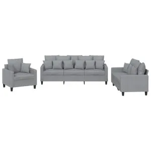 Set de canapele cu perne, 3 piese, gri deschis, textil