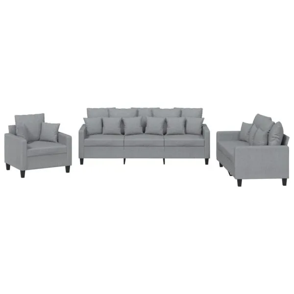 Set de canapele cu perne, 3 piese, gri deschis, textil