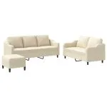 Set de canapele cu perne, 3 piese, crem, textil