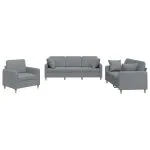 Set de canapele cu perne, 3 piese, gri deschis, textil