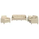 Set de canapele cu perne, 3 piese, crem, textil