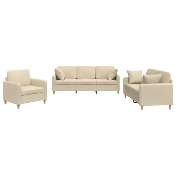 Set de canapele cu perne, 3 piese, crem, textil
