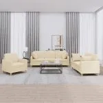 Set de canapele cu perne, 3 piese, crem, textil
