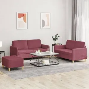 Set canapea cu perne, 3 piese, roșu vin, material textil