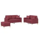 Set canapea cu perne, 3 piese, roșu vin, material textil