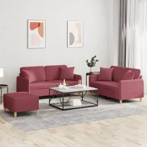 Set canapea cu perne, 3 piese, roșu vin, material textil