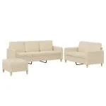 Set de canapele cu perne, 3 piese, crem, textil