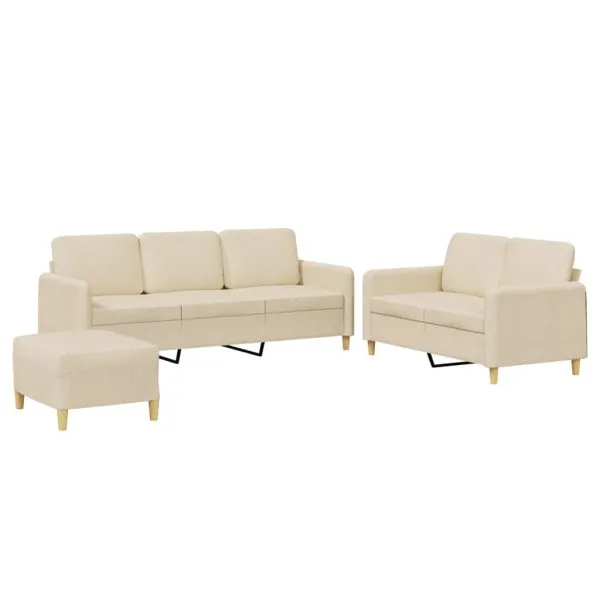 Set de canapele cu perne, 3 piese, crem, textil