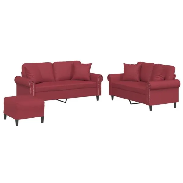 Set de canapele cu perne, 2 piese, roșu vin, piele ecologică
