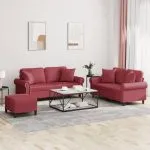 Set de canapele cu perne, 2 piese, roșu vin, piele ecologică