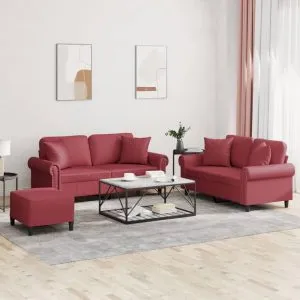 Set de canapele cu perne, 2 piese, roșu vin, piele ecologică