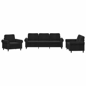 Set de canapele cu perne, 3 piese, negru, catifea