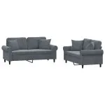 Set canapea cu perne, 2 piese, gri închis, catifea
