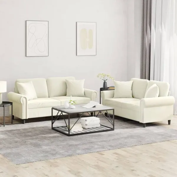 Set de canapele cu perne, 2 piese, crem, catifea