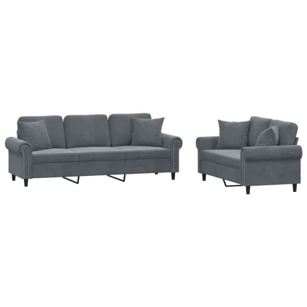 Set canapea cu perne, 2 piese, gri închis, catifea