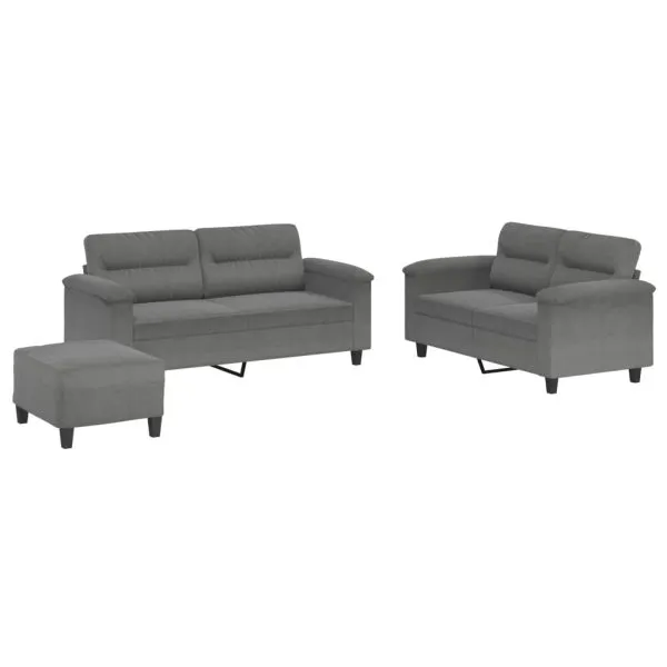 Set de canapele cu perne, 3 piese, gri închis, microfibră