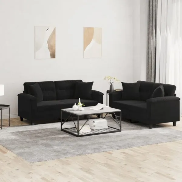 Set de canapele cu perne, 2 piese, negru, microfibră