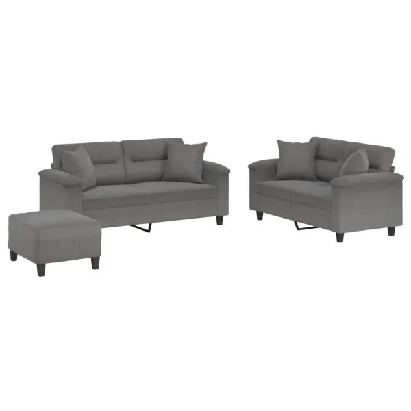 Set de canapele cu perne, 3 piese, gri închis, microfibră