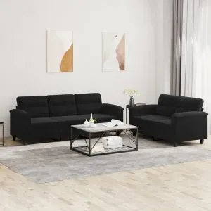 Set de canapele cu perne, 2 piese, negru, microfibră