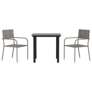 Set mobilier de grădină, 3 piese, gri&negru, poliratan și oțel
