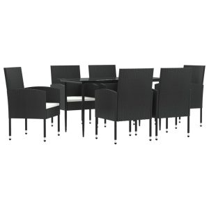 Set mobilier de grădină, 7 piese, negru, poliratan și oțel
